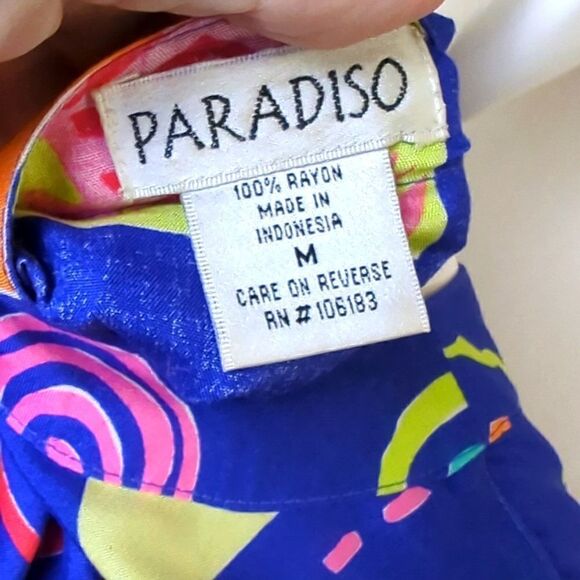 Bright Colorful Blouse Blue Print Beaded Hemline Size Medium - Picture 6 of 7